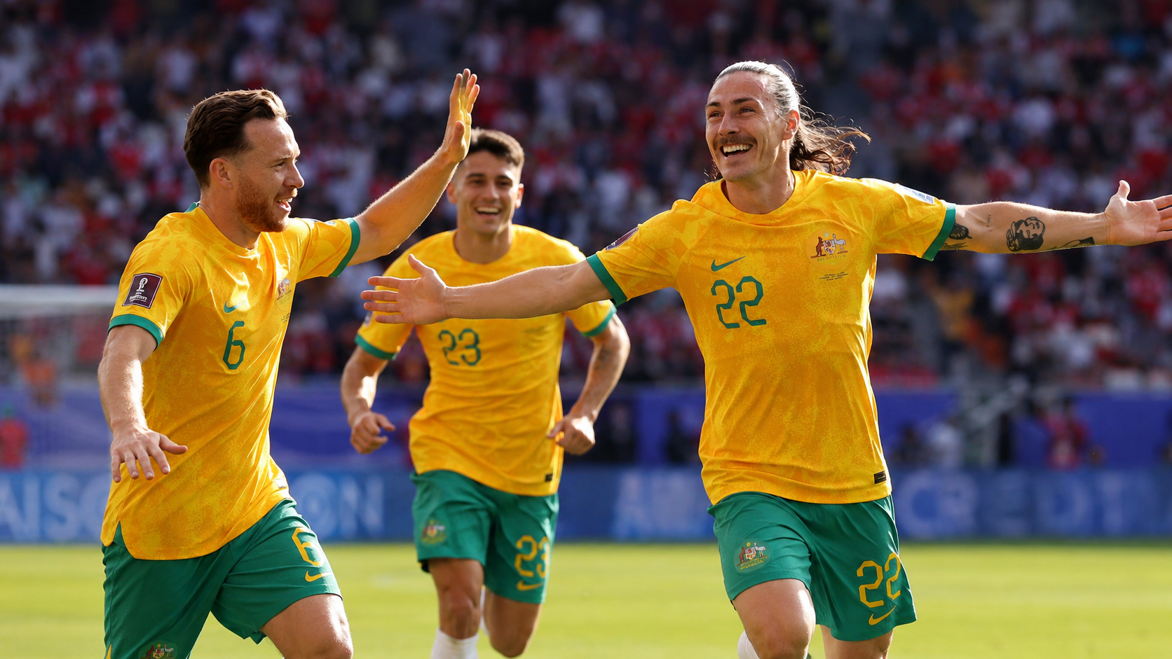 Australia national team celebrating during a World Cup match