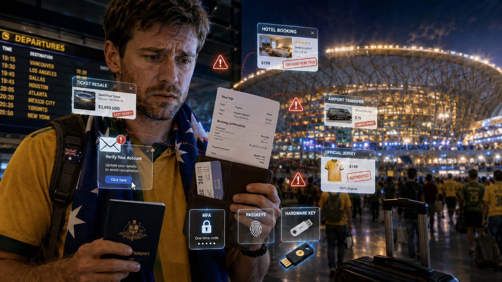 World Cup 2026 ticket scam warning illustration