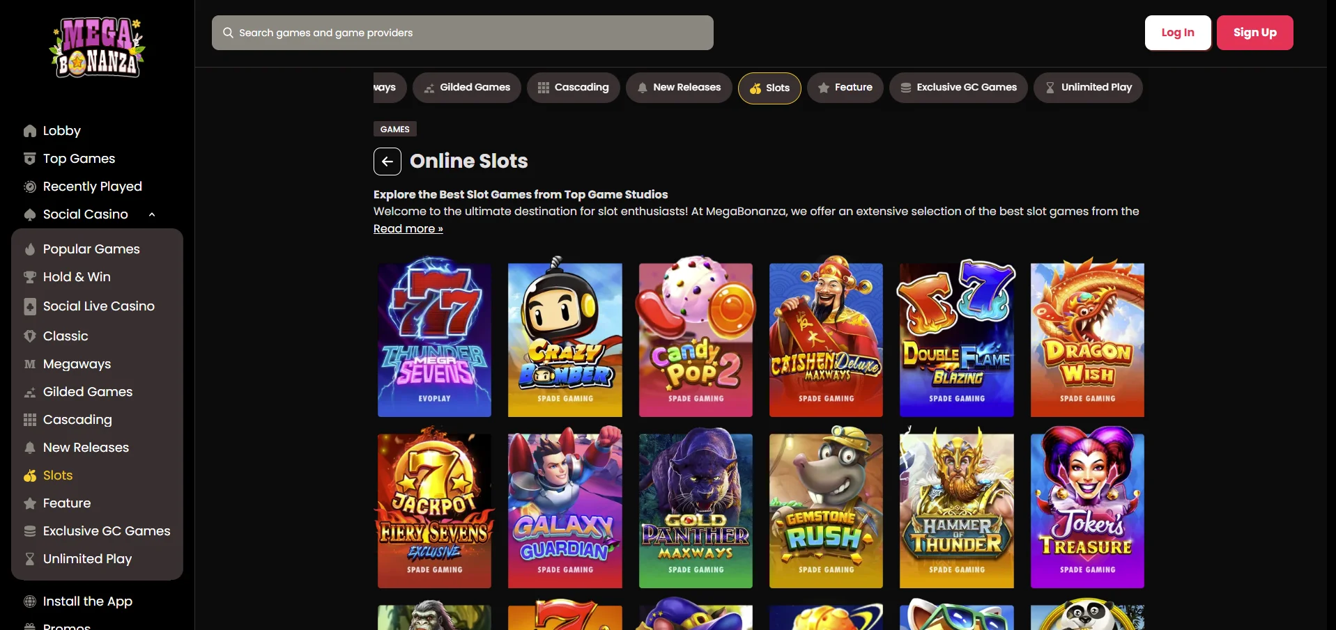 Mega Bonanza game library lobby and slot-style catalogue